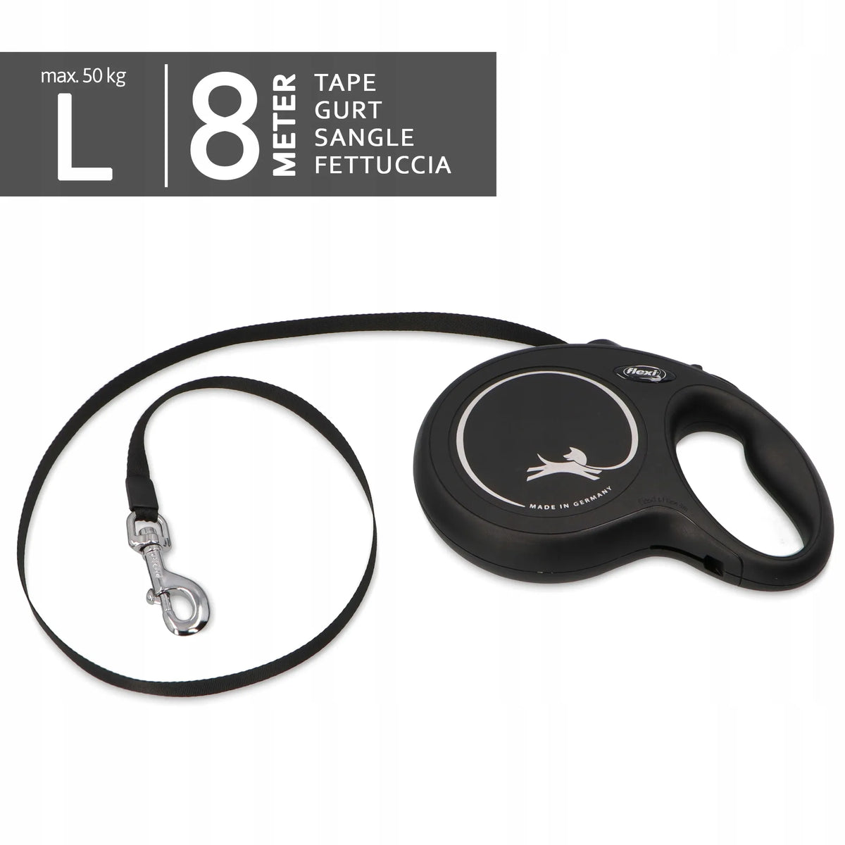 Automatinis juostinis šuns pavadėlis Flexi New Classic, 8 m, L dydžio, juodas, su užraktu