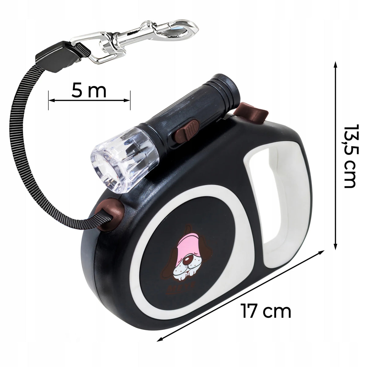 Automatinis šuns ar katės pavadėlis RETOO, 5 m, tvirta juosta, užraktas, LED žibintuvėlis, iki 15 kg