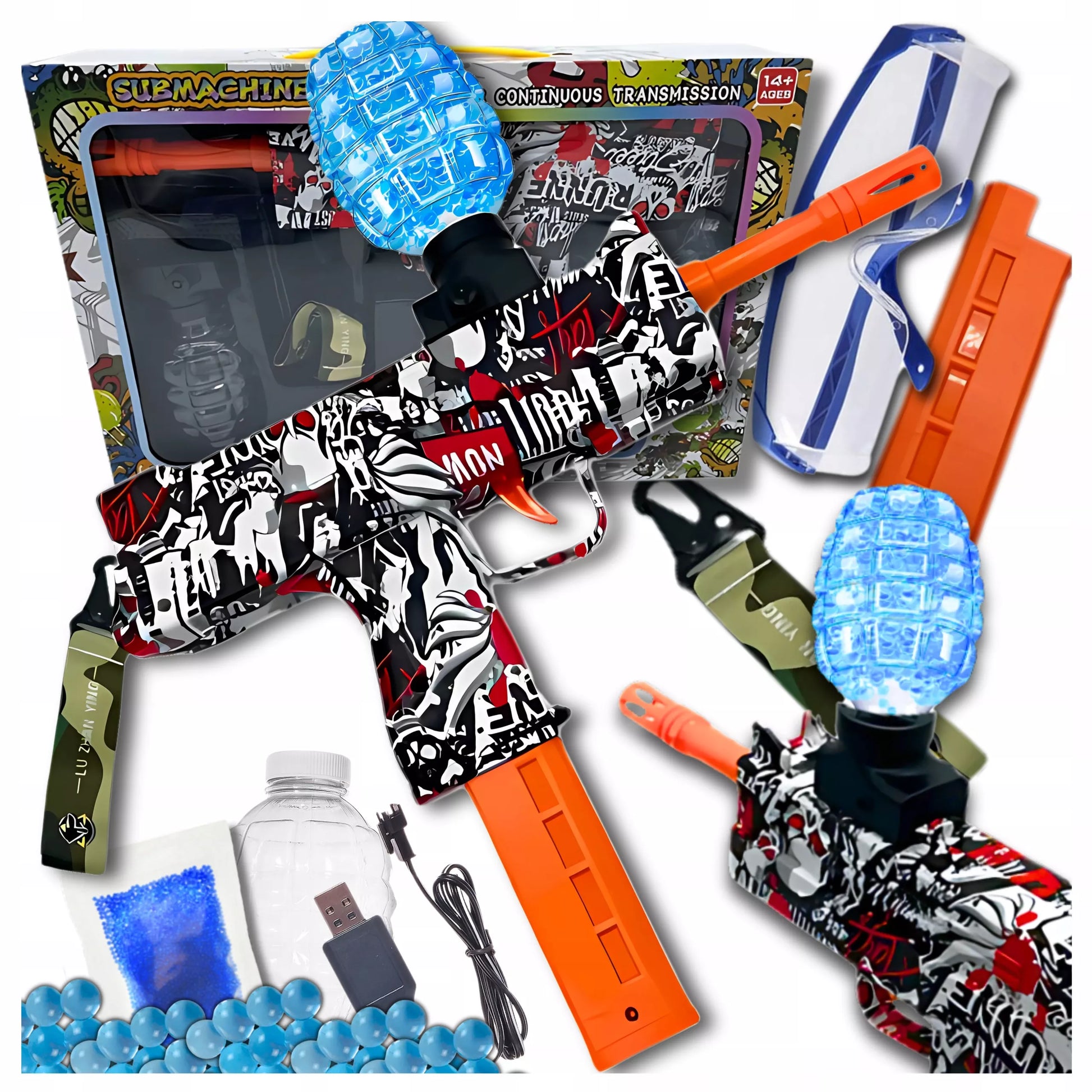 Automatinis UZI žaislinis pistoletas su 1000 gelinių kulkų, elektrinis, graffiti dizainas