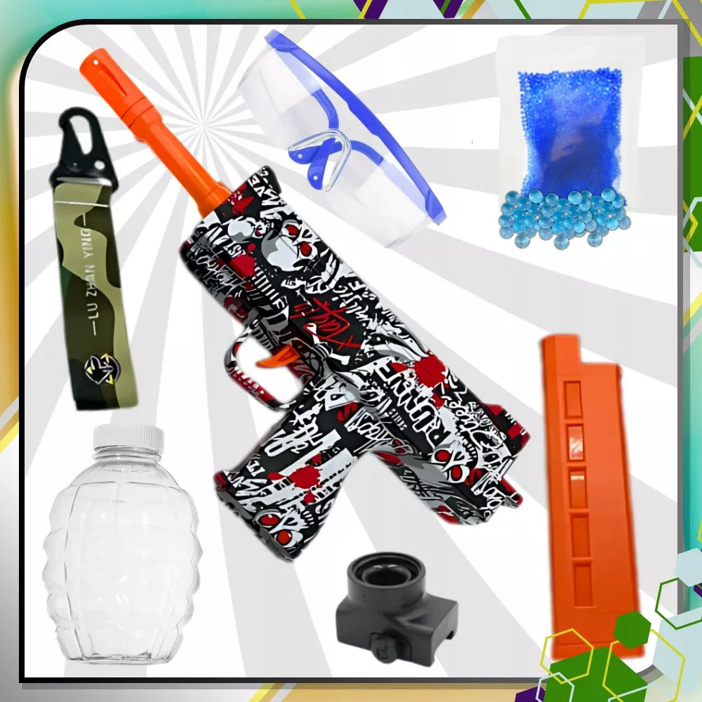 Automatinis UZI žaislinis pistoletas su 1000 gelinių kulkų, elektrinis, graffiti dizainas