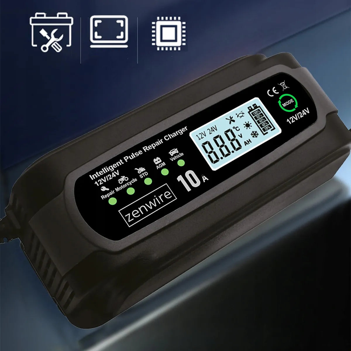 Automobilinis akumuliatorių įkroviklis su remonto funkcija 12V 24V 10A