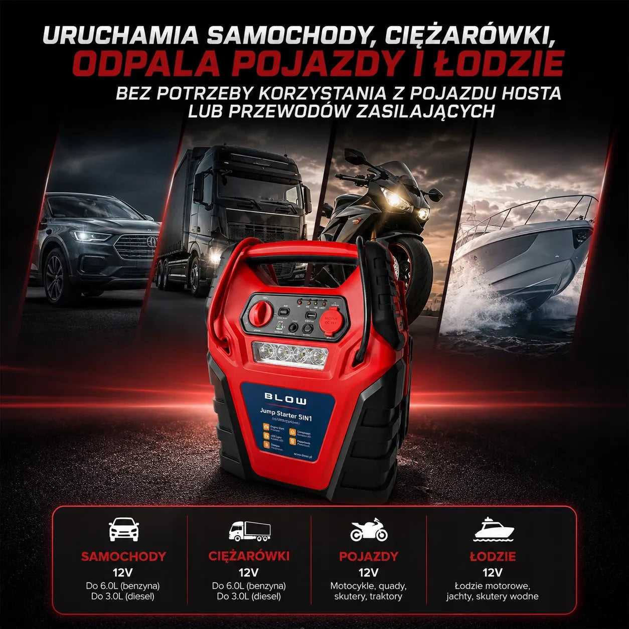 Automobilinis paleidiklis Jump Starter 5-in-1, 20000 mAh, 12V, kompresorius, „powerbank“