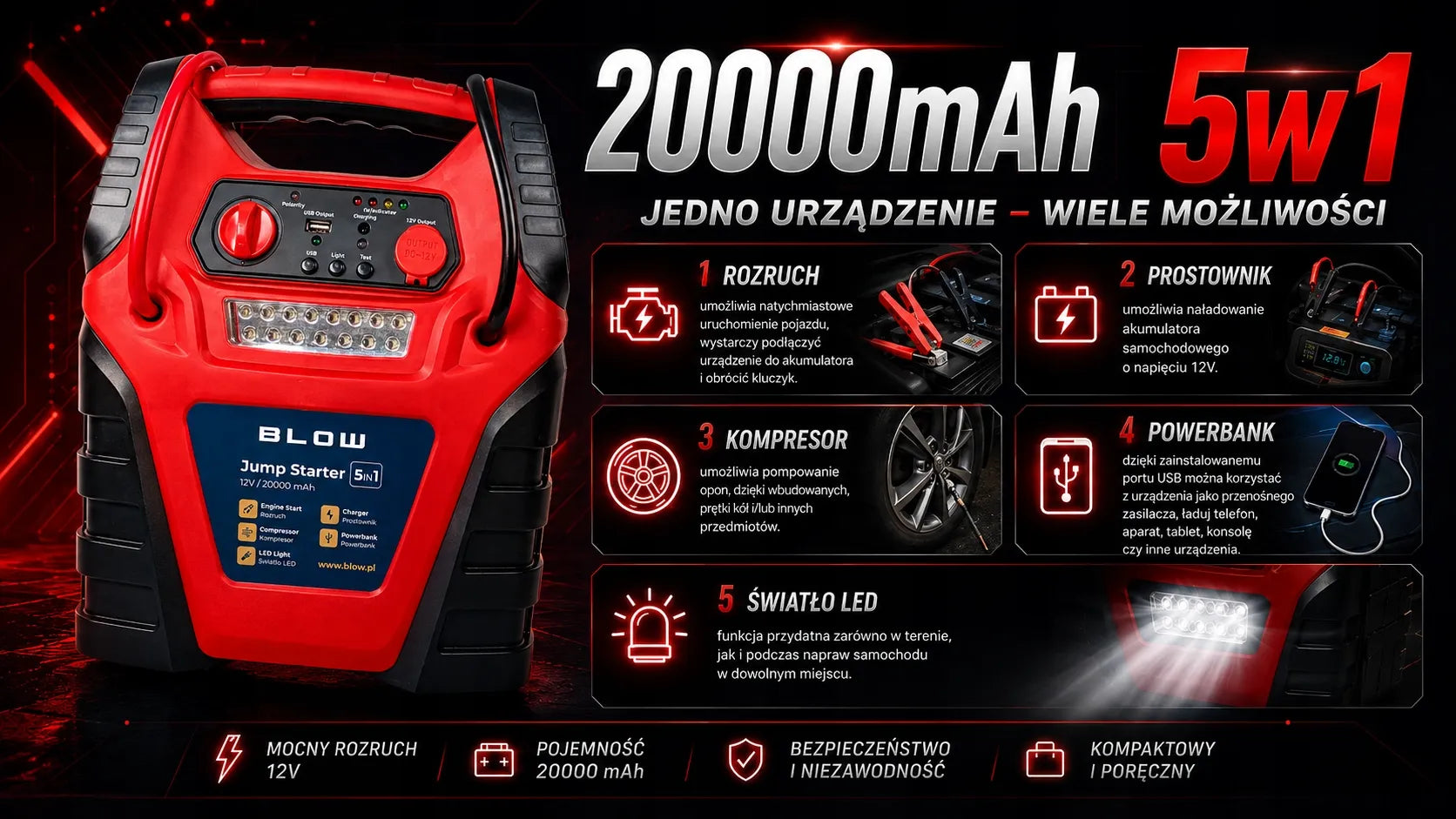 Automobilinis paleidiklis Jump Starter 5-in-1, 20000 mAh, 12V, kompresorius, „powerbank“