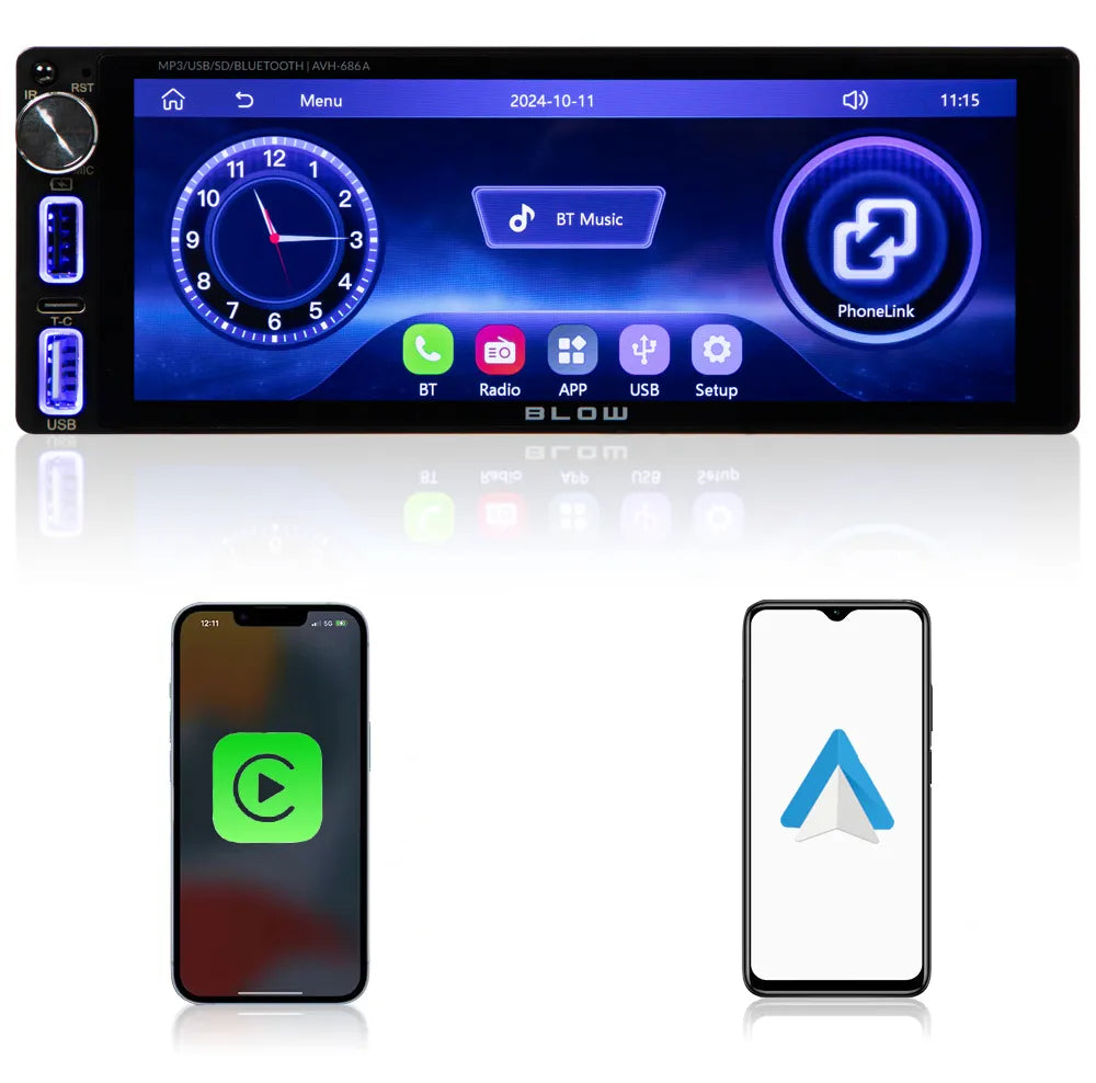 Automobilinis radijas BLOW AVH686A 1-DIN jutiklinis 6.86" Bluetooth CarPlay Android Auto