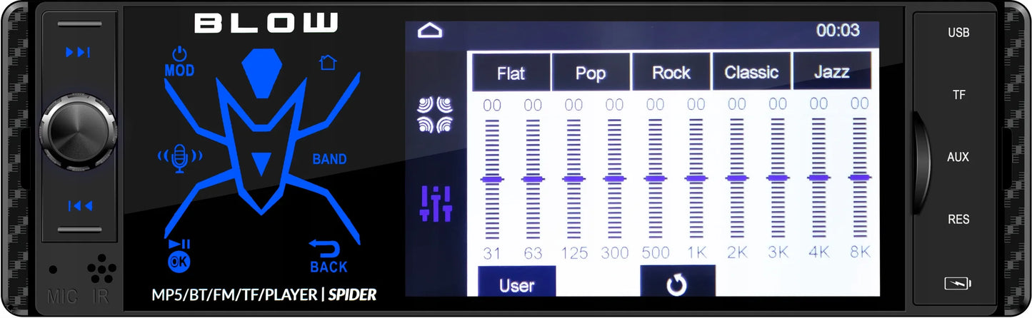 Automobilinis radijas BLOW Spider 1-DIN Bluetooth USB SD AUX jutiklinis 4 colių ekranas