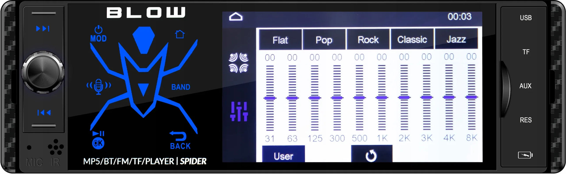 Automobilinis radijas BLOW Spider 1-DIN Bluetooth USB SD AUX jutiklinis 4 colių ekranas