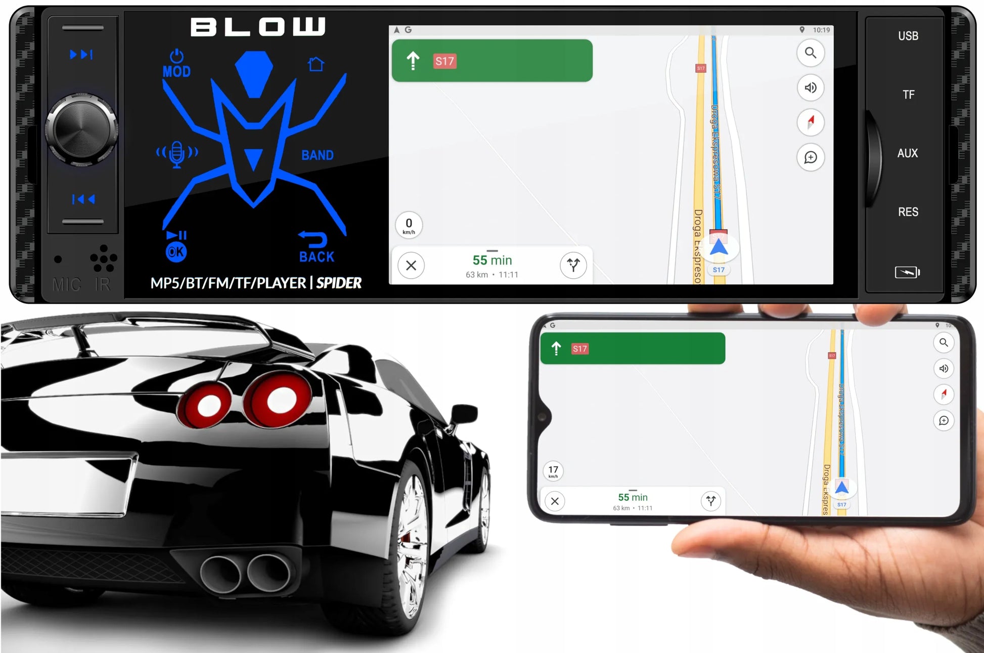 Automobilinis radijas BLOW Spider 1-DIN Bluetooth USB SD AUX jutiklinis 4 colių ekranas