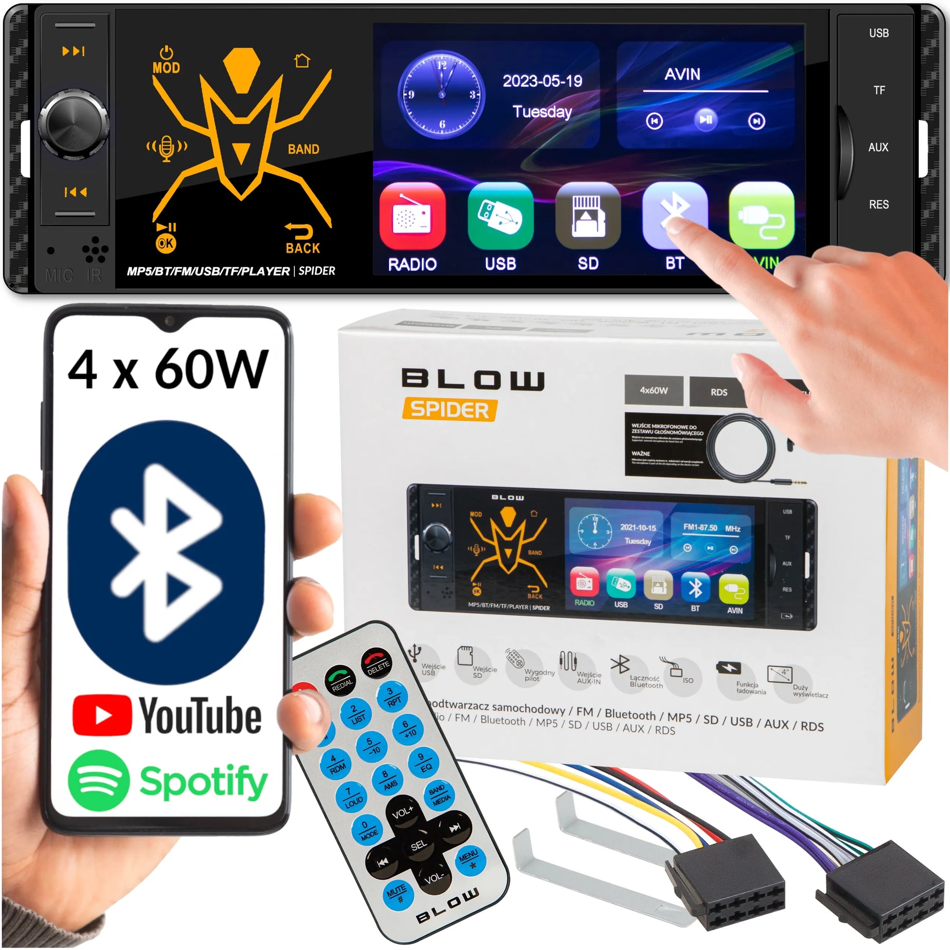 Automobilinis radijas BLOW Spider 1-DIN Bluetooth USB SD AUX jutiklinis 4 colių ekranas