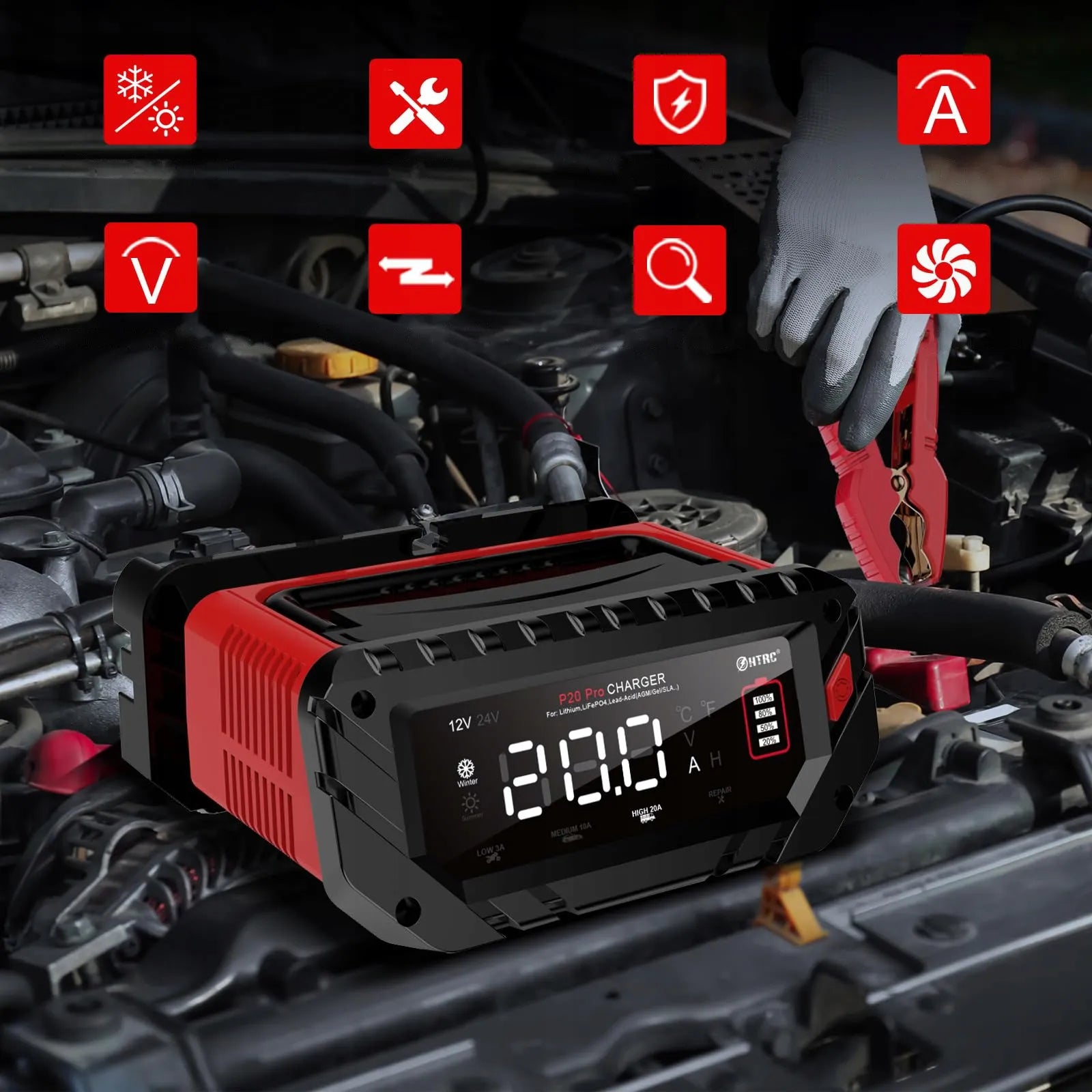 Automobilio akumuliatoriaus įkroviklis HTRC 12 V/24 V, 20 A