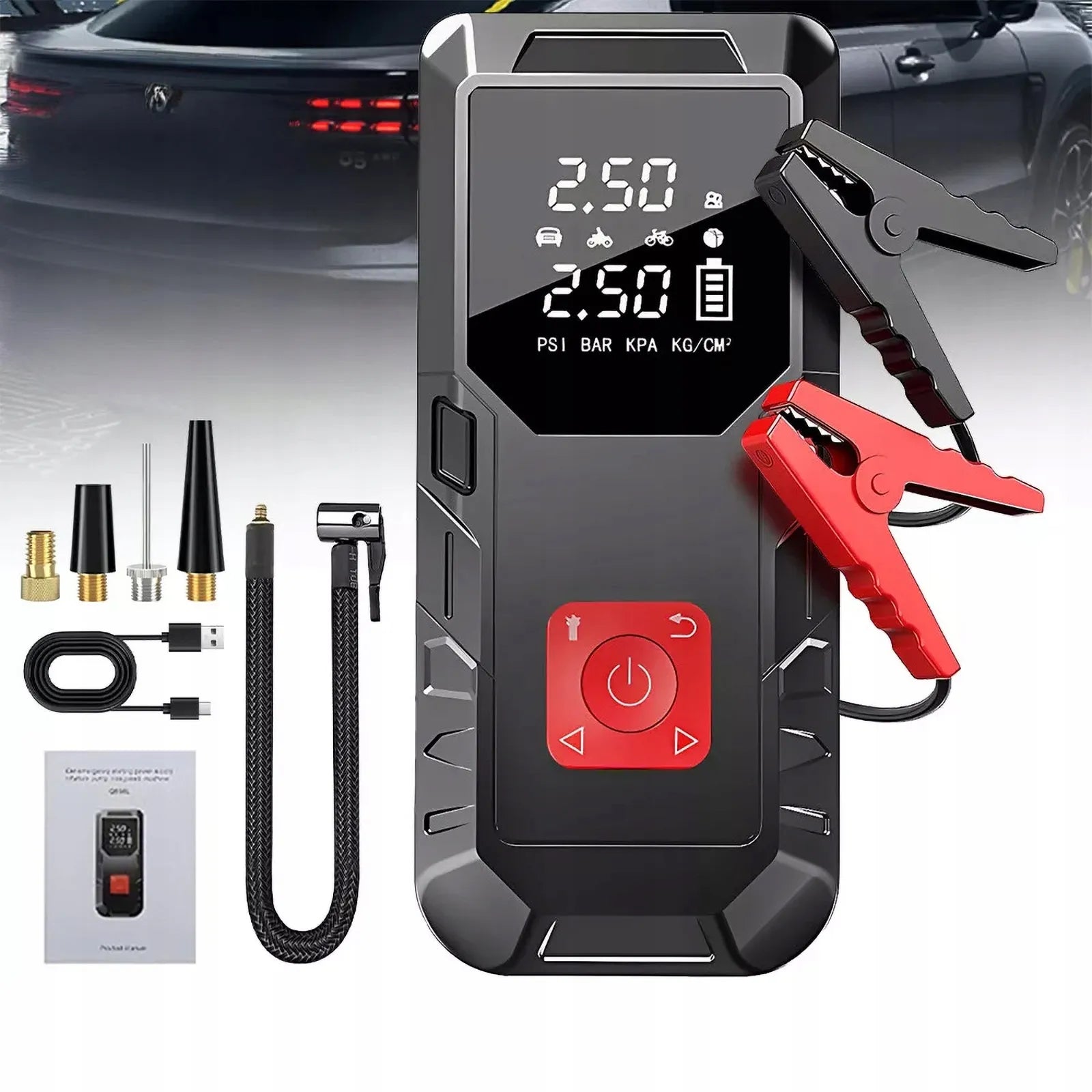 Automobilio užvedimo įrenginys su „power bank“ 12V ir išmaniuoju kompresoriumi