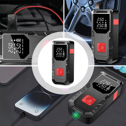 Automobilio užvedimo įrenginys su „power bank“ 12V ir išmaniuoju kompresoriumi