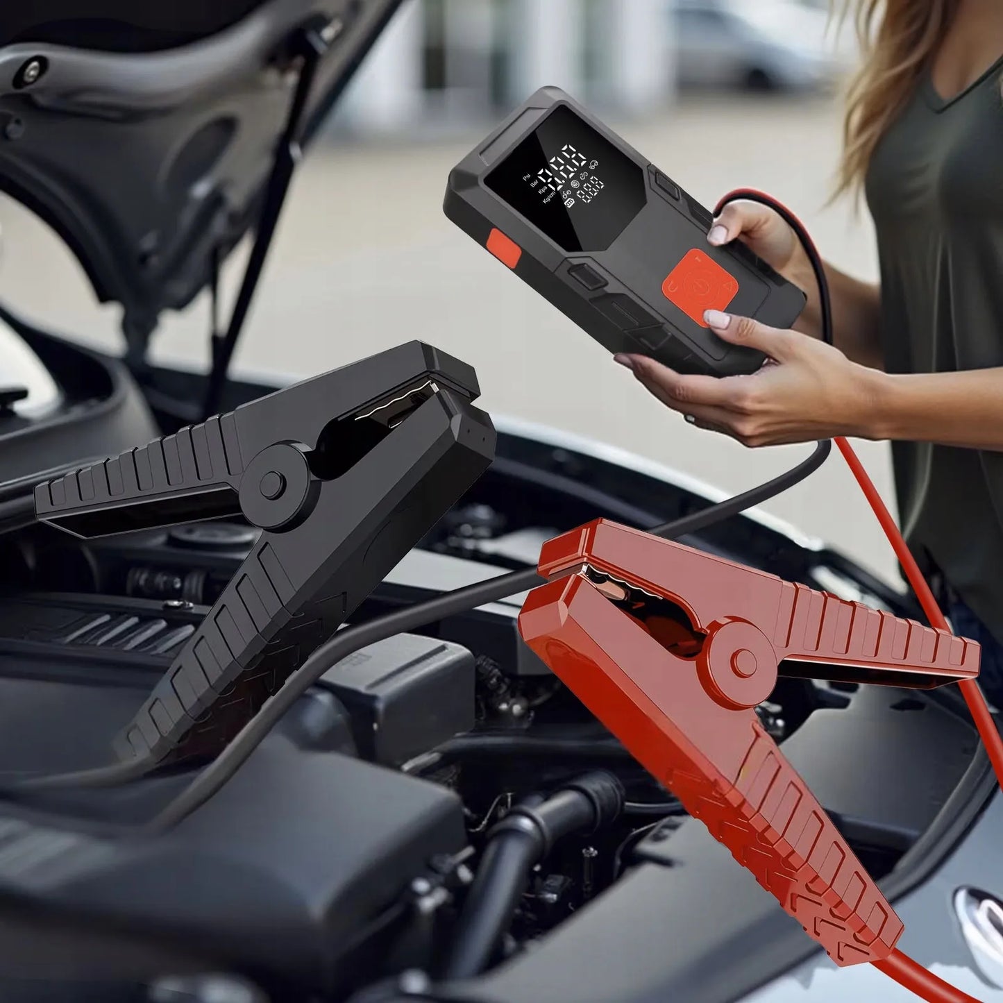 Automobilio užvedimo įrenginys su „power bank“ 12V ir išmaniuoju kompresoriumi