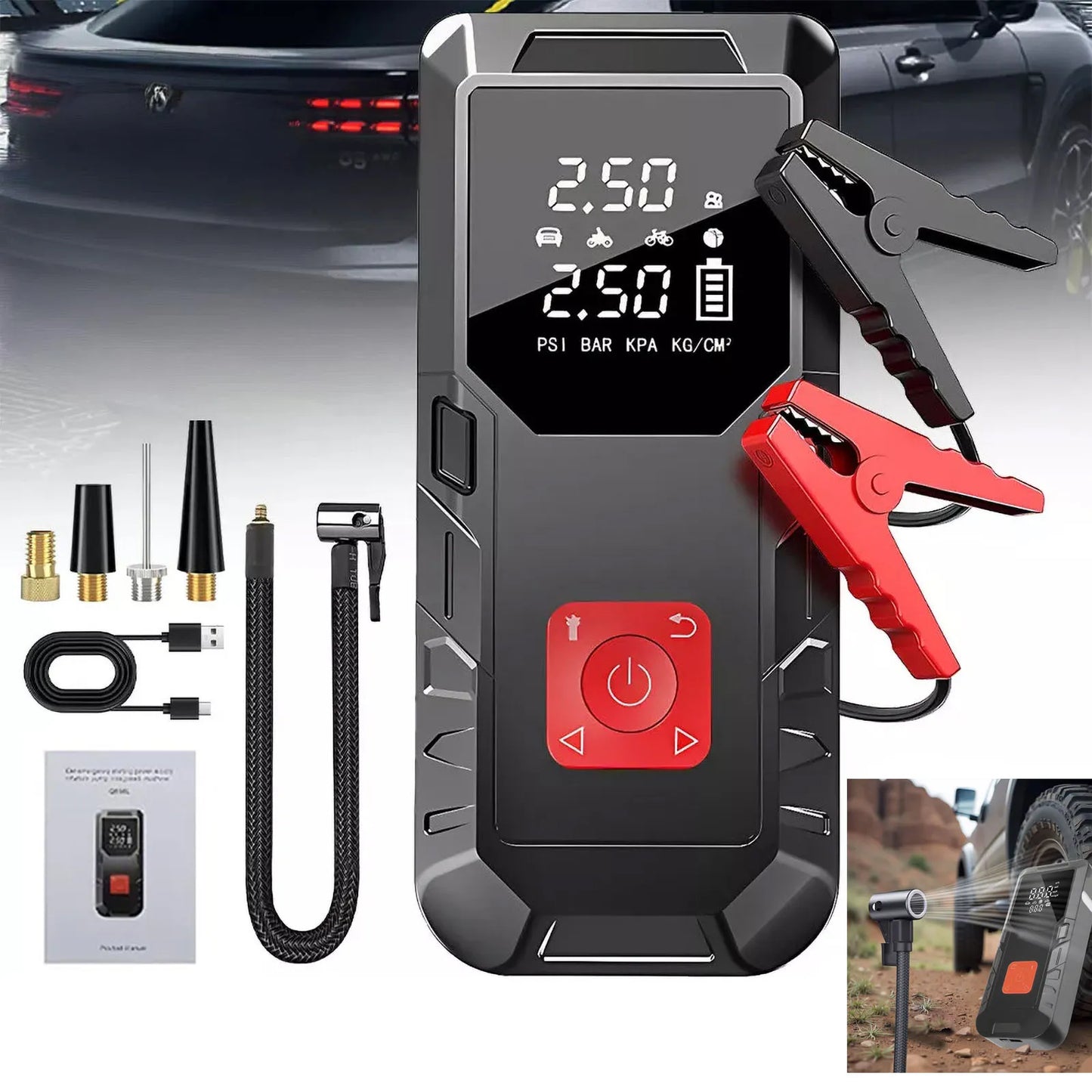 Automobilio užvedimo įrenginys su „power bank“ 12V ir išmaniuoju kompresoriumi