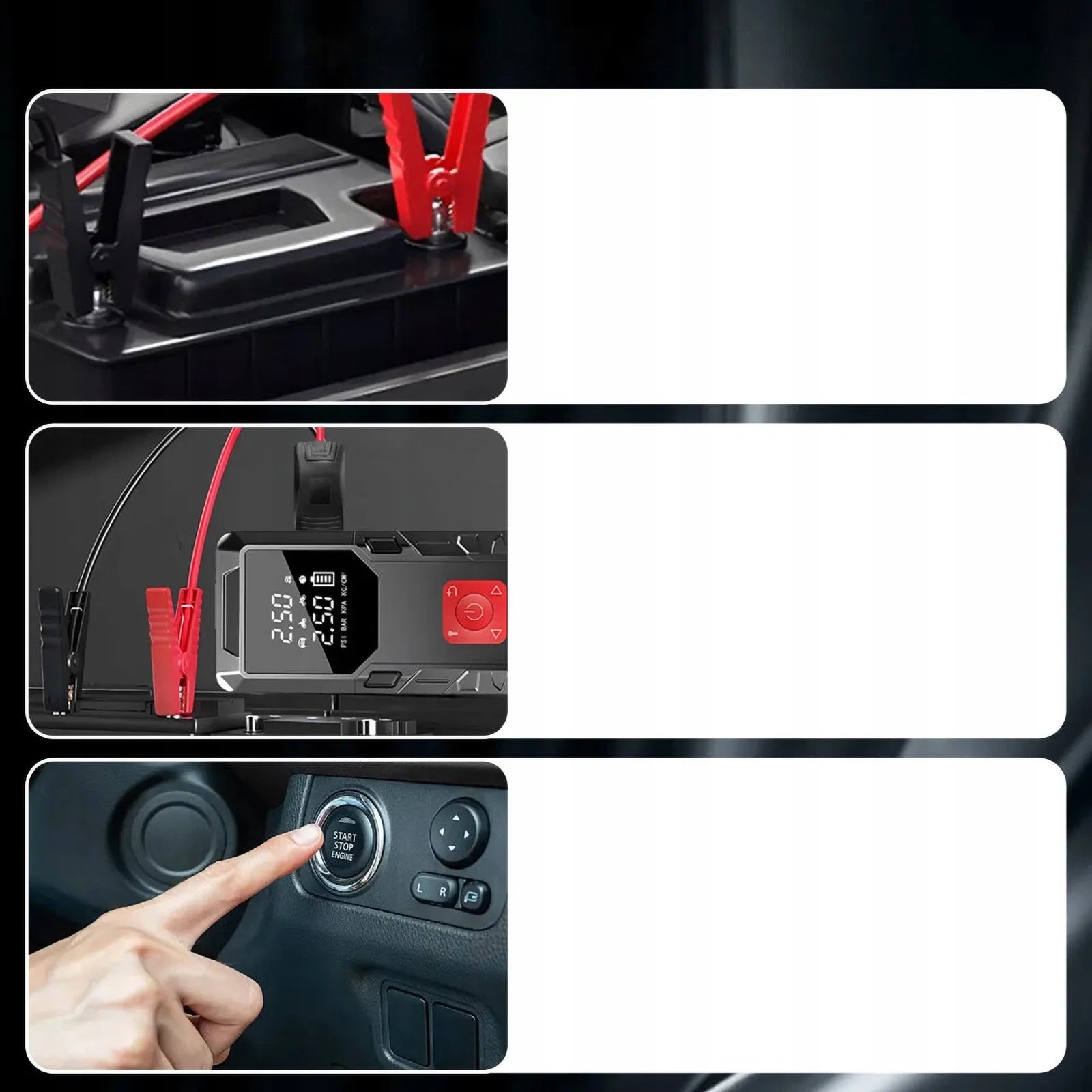Automobilio užvedimo įrenginys su „power bank“ 12V ir išmaniuoju kompresoriumi