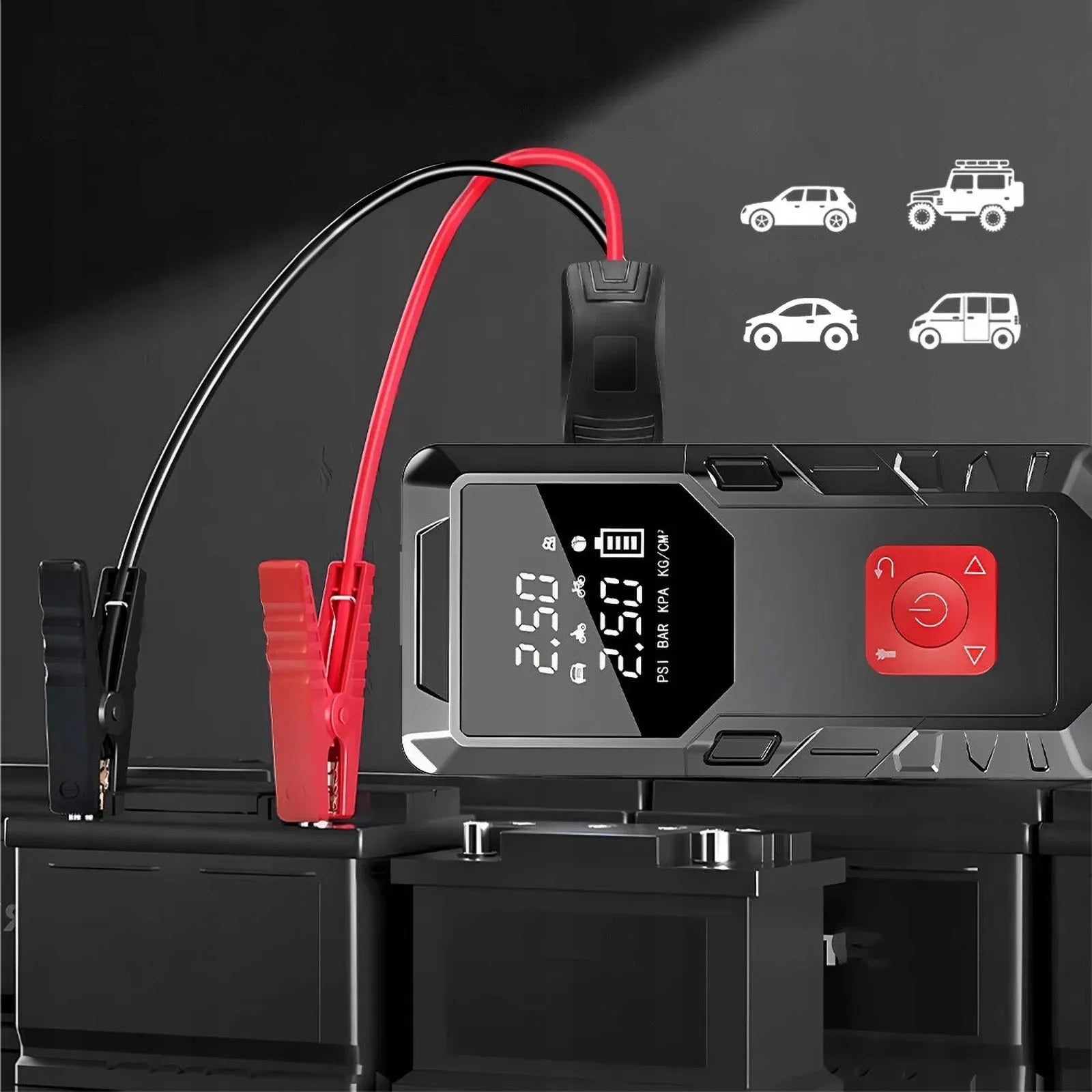 Automobilio užvedimo įrenginys su „power bank“ 12V ir išmaniuoju kompresoriumi