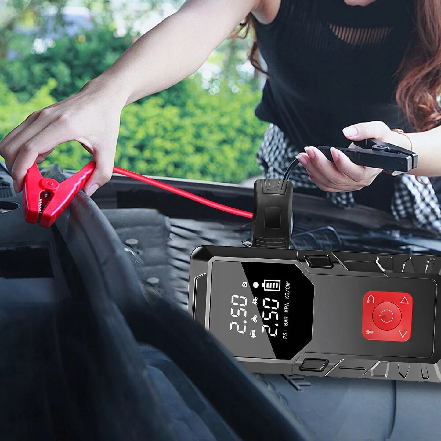 Automobilio užvedimo įrenginys su „power bank“ 12V ir išmaniuoju kompresoriumi