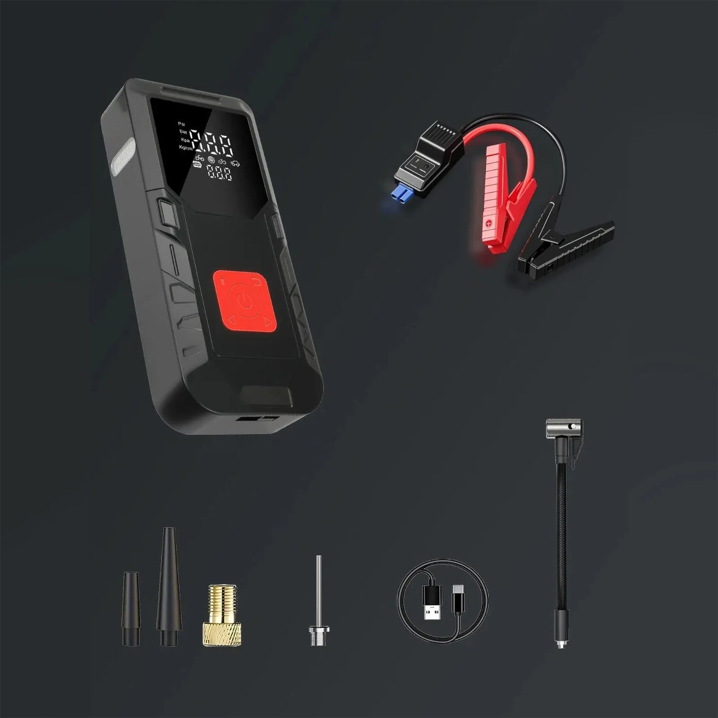 Automobilio užvedimo įrenginys su „power bank“ 12V ir išmaniuoju kompresoriumi