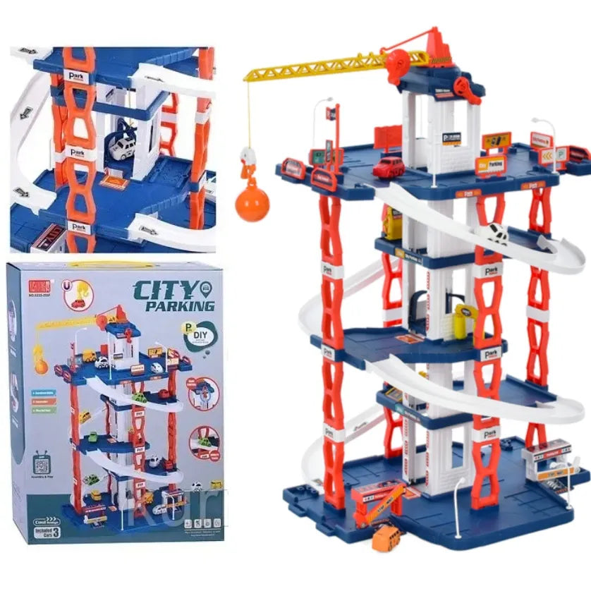 Automobilių nusileidimo trasa su kranu, parkingu ir liftu, 5 aukštų garažas, 3 automobiliukai