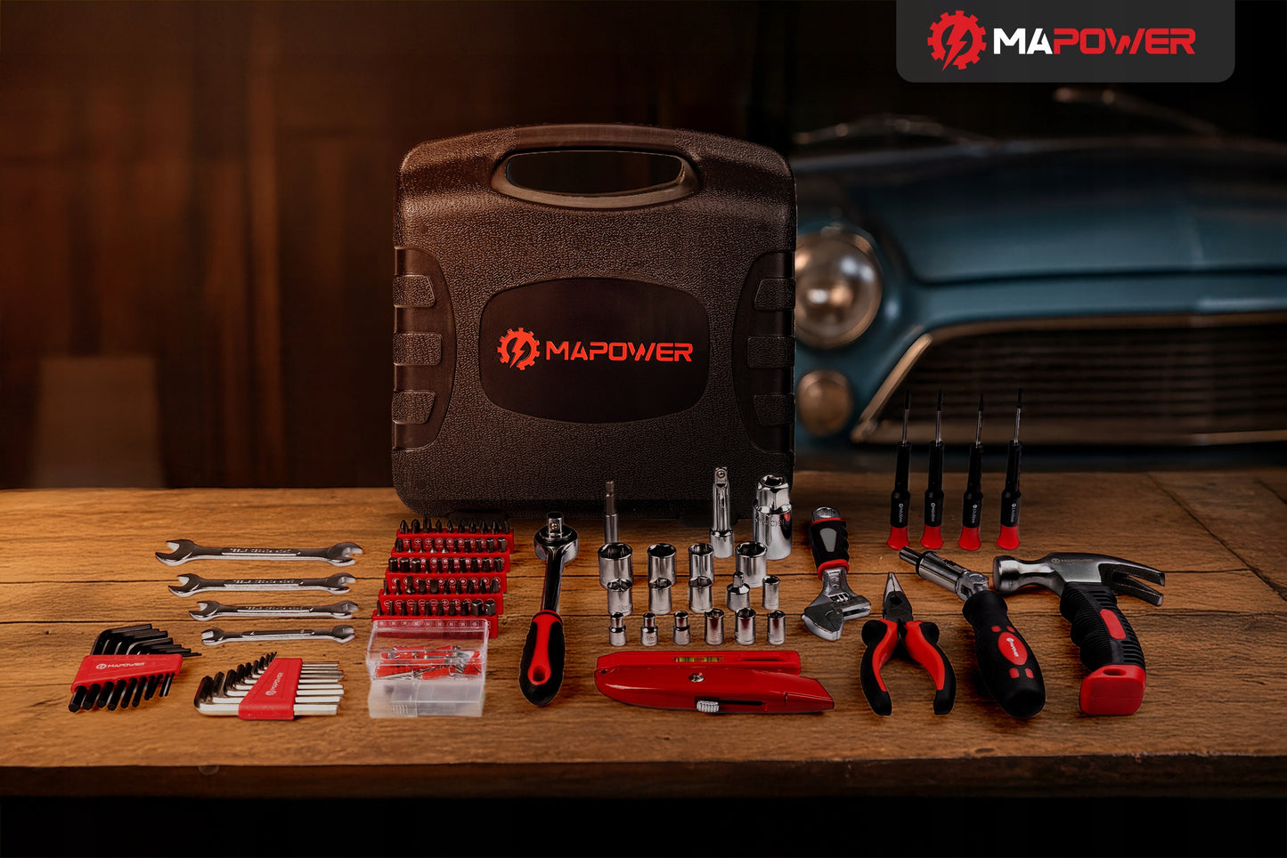 ĮRANKIŲ RINKINYS RAKTAI ĮRANKIŲ DĖŽUTĖ CRV GALVUTĖS ANGALAI 165 ELE MAPOWER