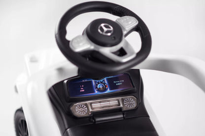 Vaikiškas automobilis stumiamas, automobiliukas MERCEDES su guminiais ratais, odine sėdyne, kaip vaikštynė - puiki dovana