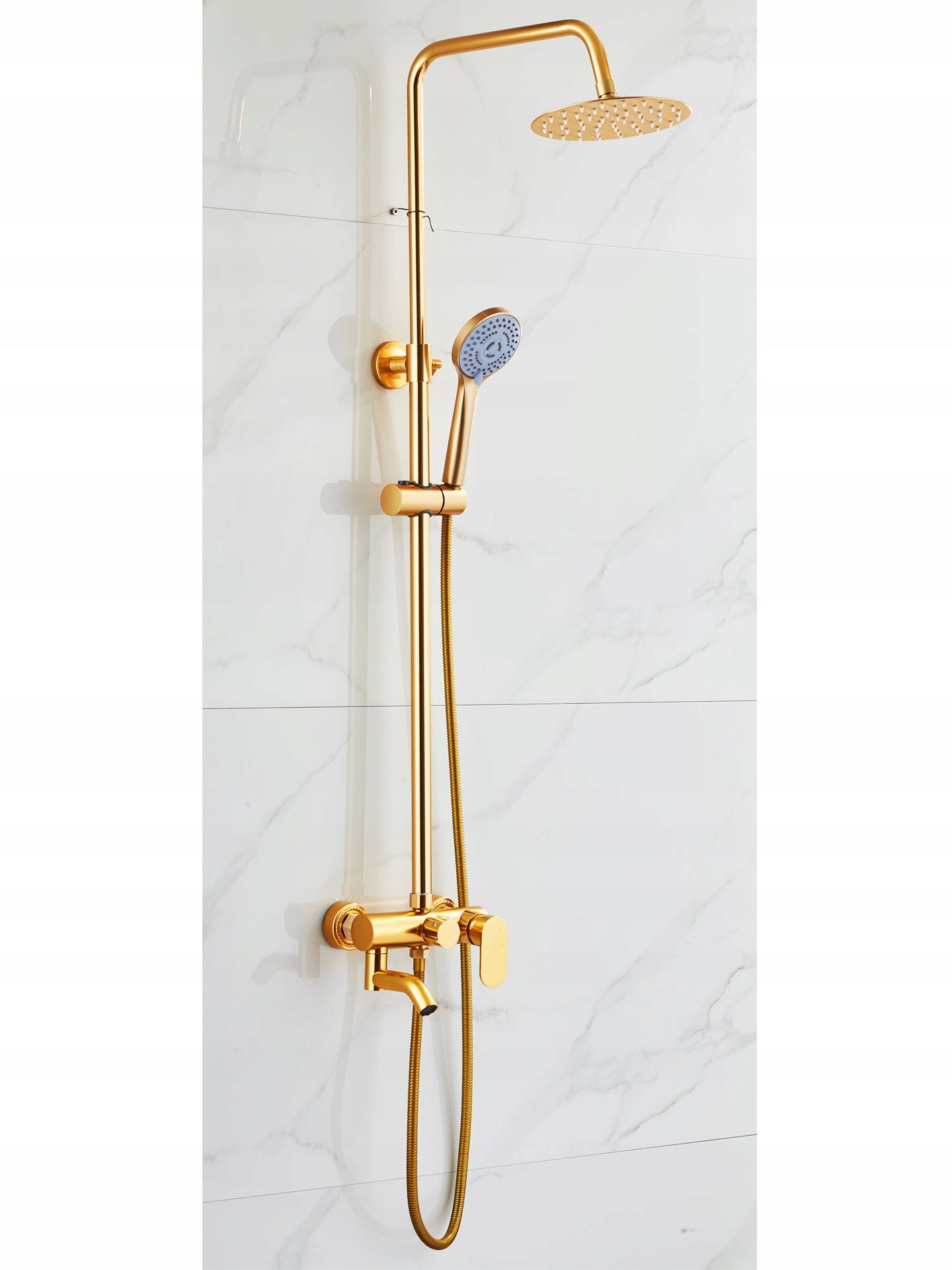 Auksinis Dušo Komplektas, Stulpas, Maišytuvas, Lietaus Galvutė, Dušelis 1,5m, Loft, CE