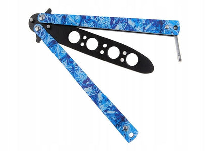 Balisong treniruojamas peilis, melsva rankena, juoda buka geležtė