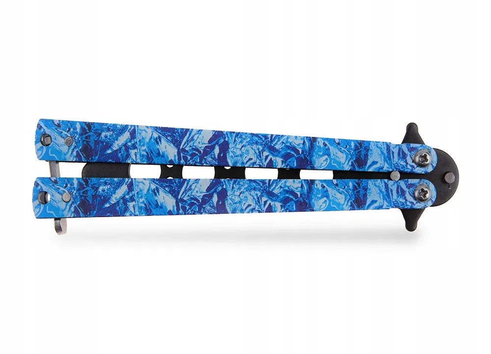 Balisong treniruojamas peilis, melsva rankena, juoda buka geležtė
