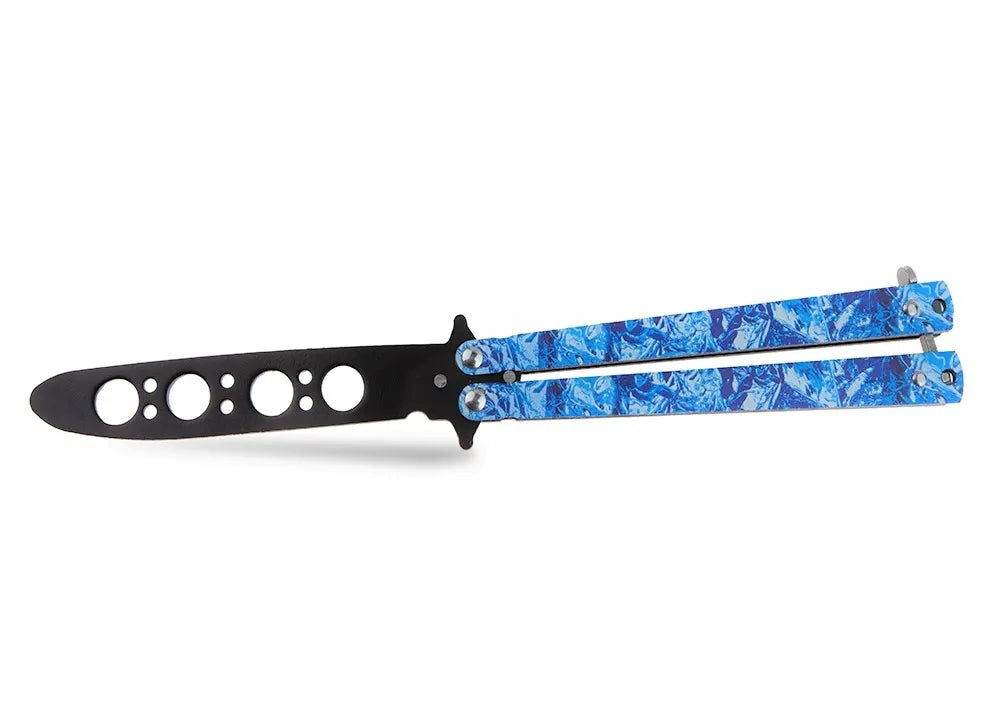 Balisong treniruojamas peilis, melsva rankena, juoda buka geležtė
