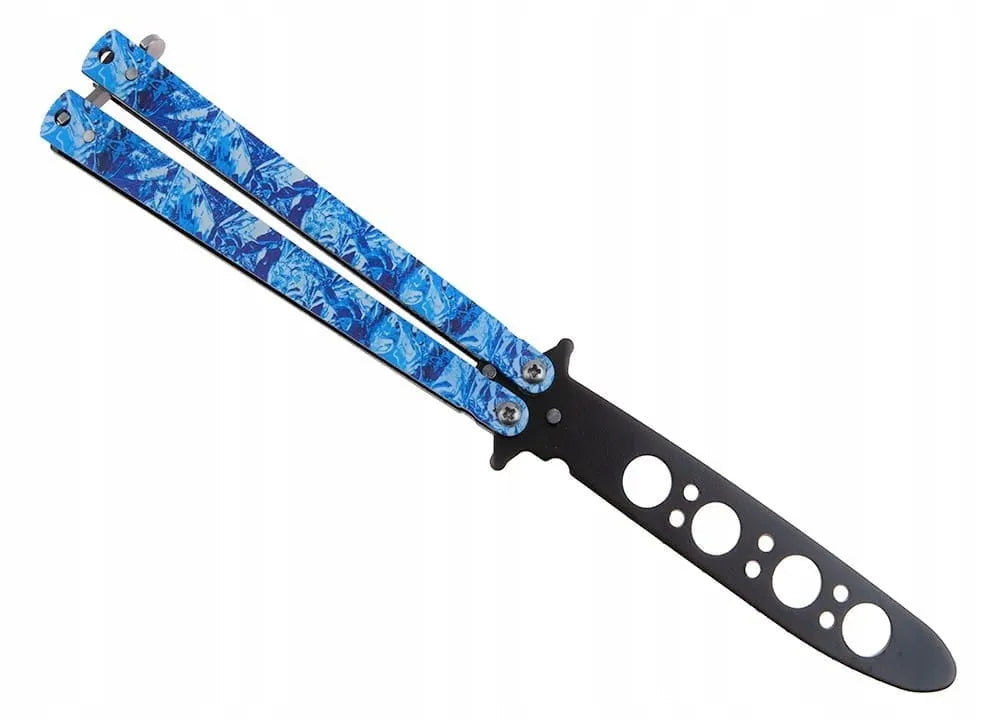 Balisong treniruojamas peilis, melsva rankena, juoda buka geležtė