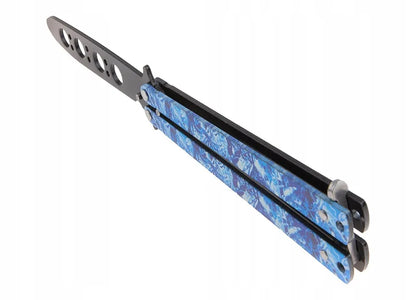 Balisong treniruojamas peilis, melsva rankena, juoda buka geležtė