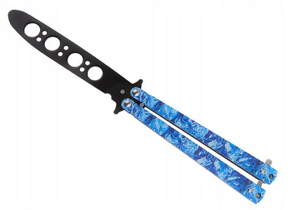 Balisong treniruojamas peilis, melsva rankena, juoda buka geležtė