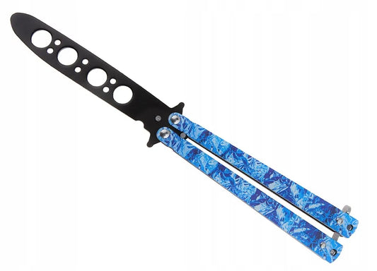 Balisong treniruojamas peilis, melsva rankena, juoda buka geležtė