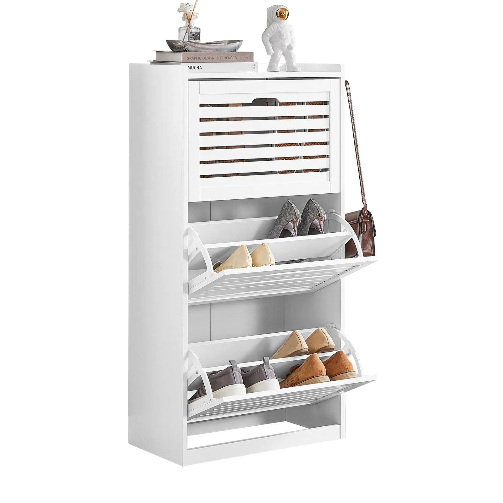 Balta batų spintelė su 3 stalčiais, prieškambario komoda 55x30x112cm FSR108-W