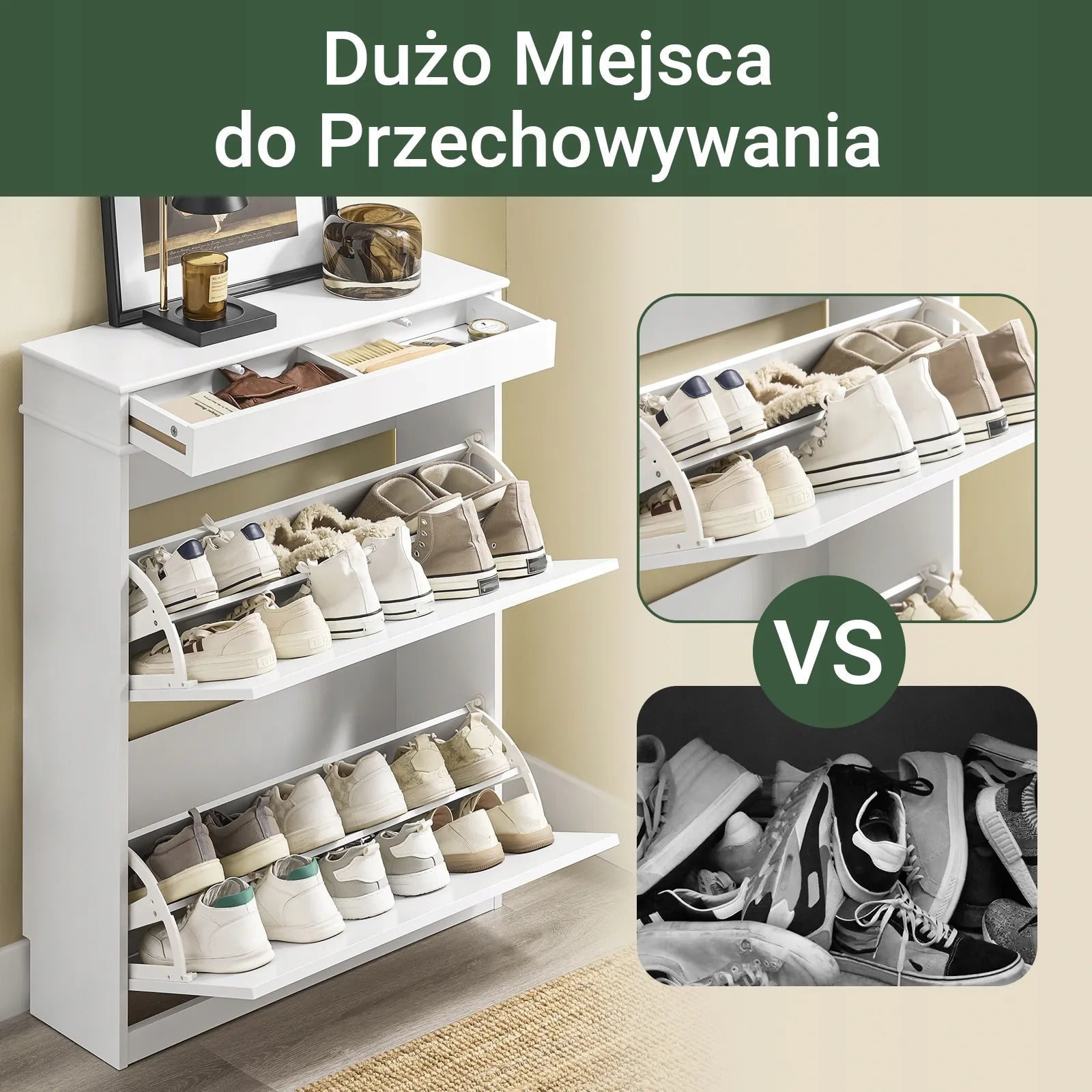 Balta batų spintelė su stalčiumi priešsekarniui, pastatoma, 75x24x96cm FSR78-L-W