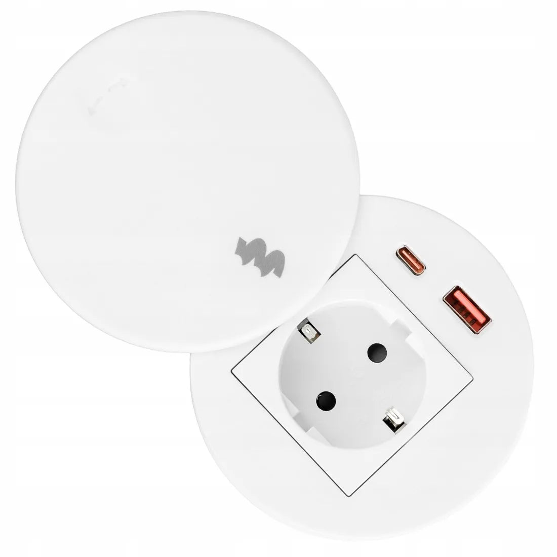 Baltas įleidžiamas apvalus stalviršio lizdas Spacetronik su USB A ir USB C jungtimis