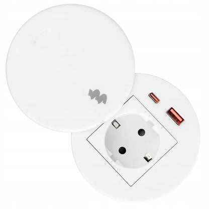 Baltas įleidžiamas apvalus stalviršio lizdas Spacetronik su USB A ir USB C jungtimis
