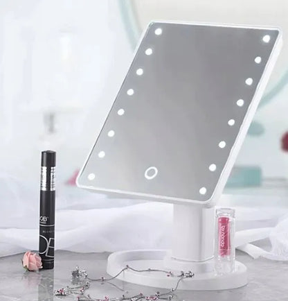 Baltas kosmetinis makiažo veidrodis su LED apšvietimu, 16 LED, pasukamas