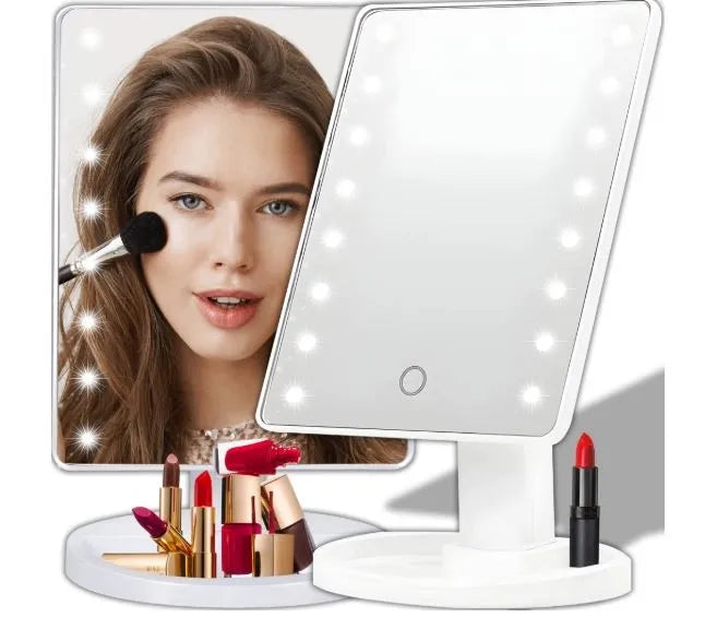 Baltas kosmetinis makiažo veidrodis su LED apšvietimu, 16 LED, pasukamas