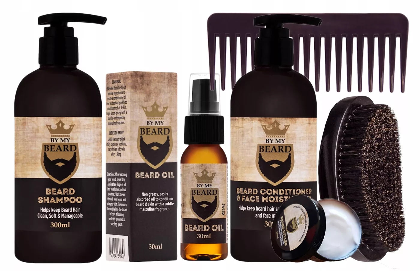 Barzdos priežiūros rinkinys „By My Beard“ su šernų šerių šepečiu profesionali kosmetika