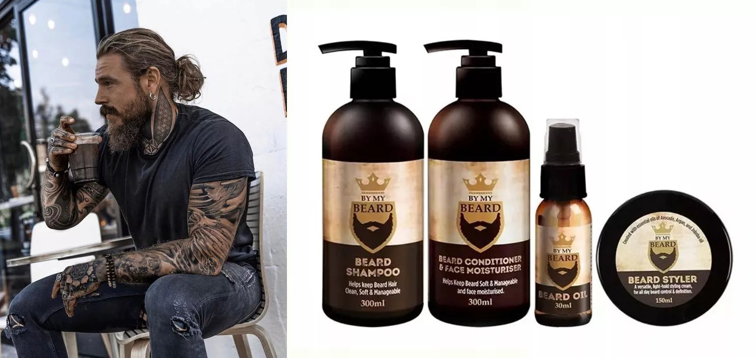 Barzdos priežiūros rinkinys „By My Beard“ su šernų šerių šepečiu profesionali kosmetika