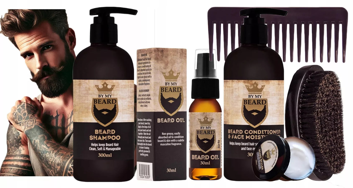 Barzdos priežiūros rinkinys „By My Beard“ su šernų šerių šepečiu profesionali kosmetika