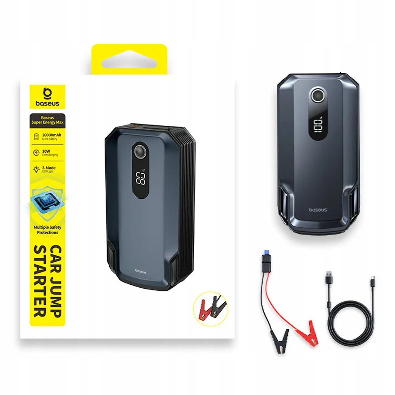 BASEUS automobilinis paleidėjas (Jump Starter) 20000 mAh 12V 8000A su gnybtais ir žibintuvėliu