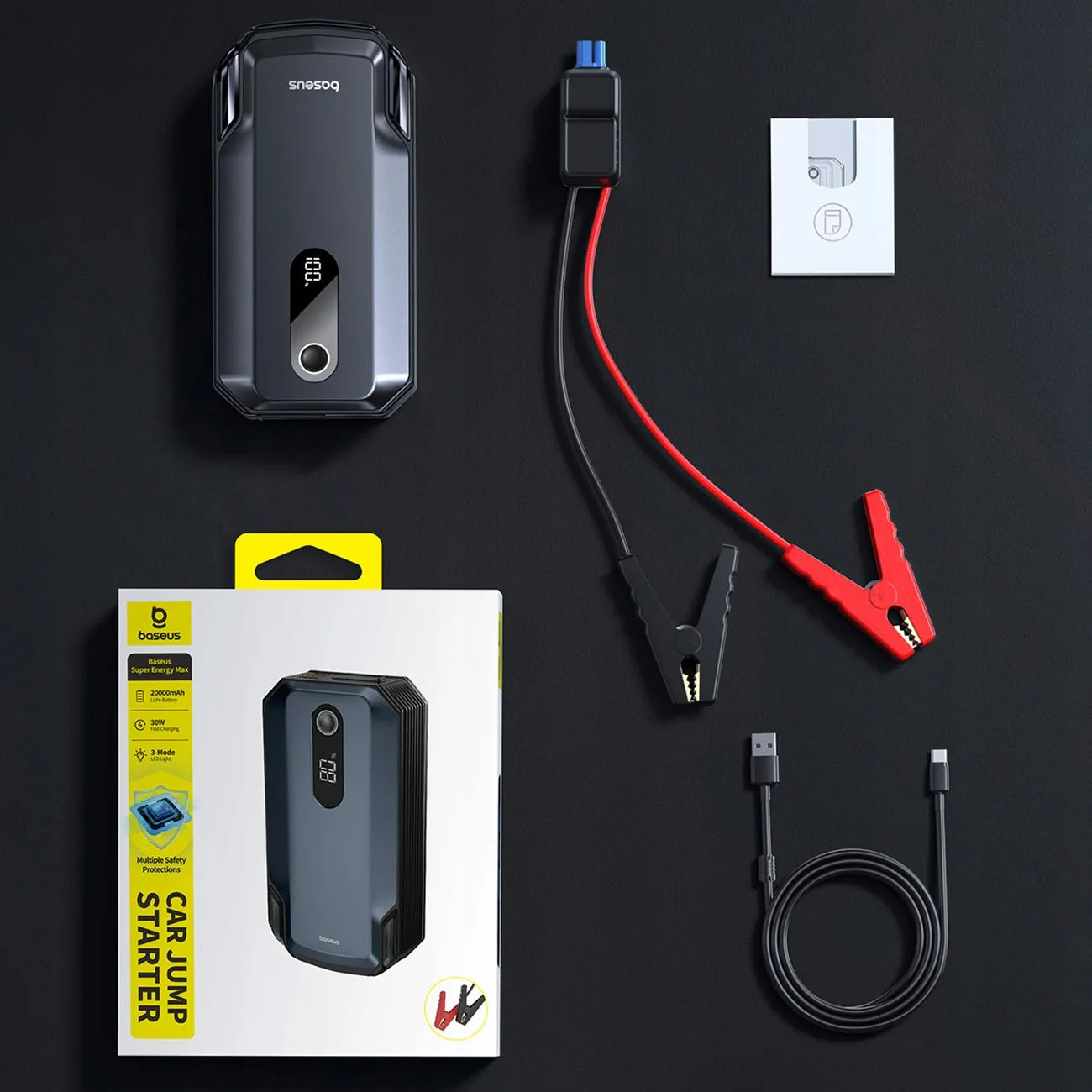 BASEUS automobilinis paleidėjas (Jump Starter) 20000 mAh 12V 8000A su gnybtais ir žibintuvėliu