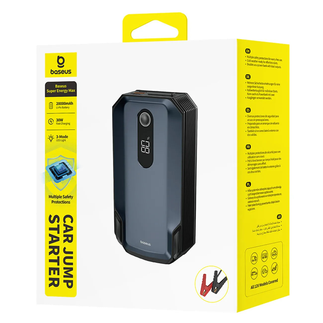 BASEUS automobilinis paleidėjas (Jump Starter) 20000 mAh 12V 8000A su gnybtais ir žibintuvėliu