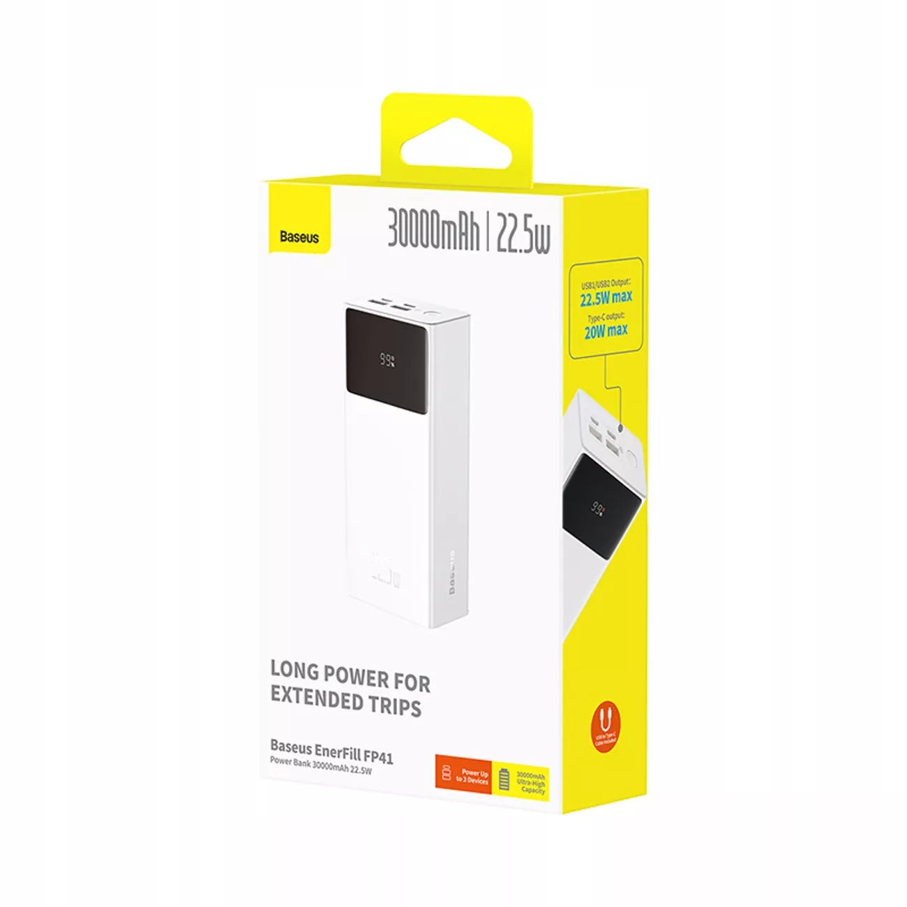 BASEUS EnerFill FP41 30000mAh 22.5W nešiojamas įkroviklis su USB-C laidu - baltas