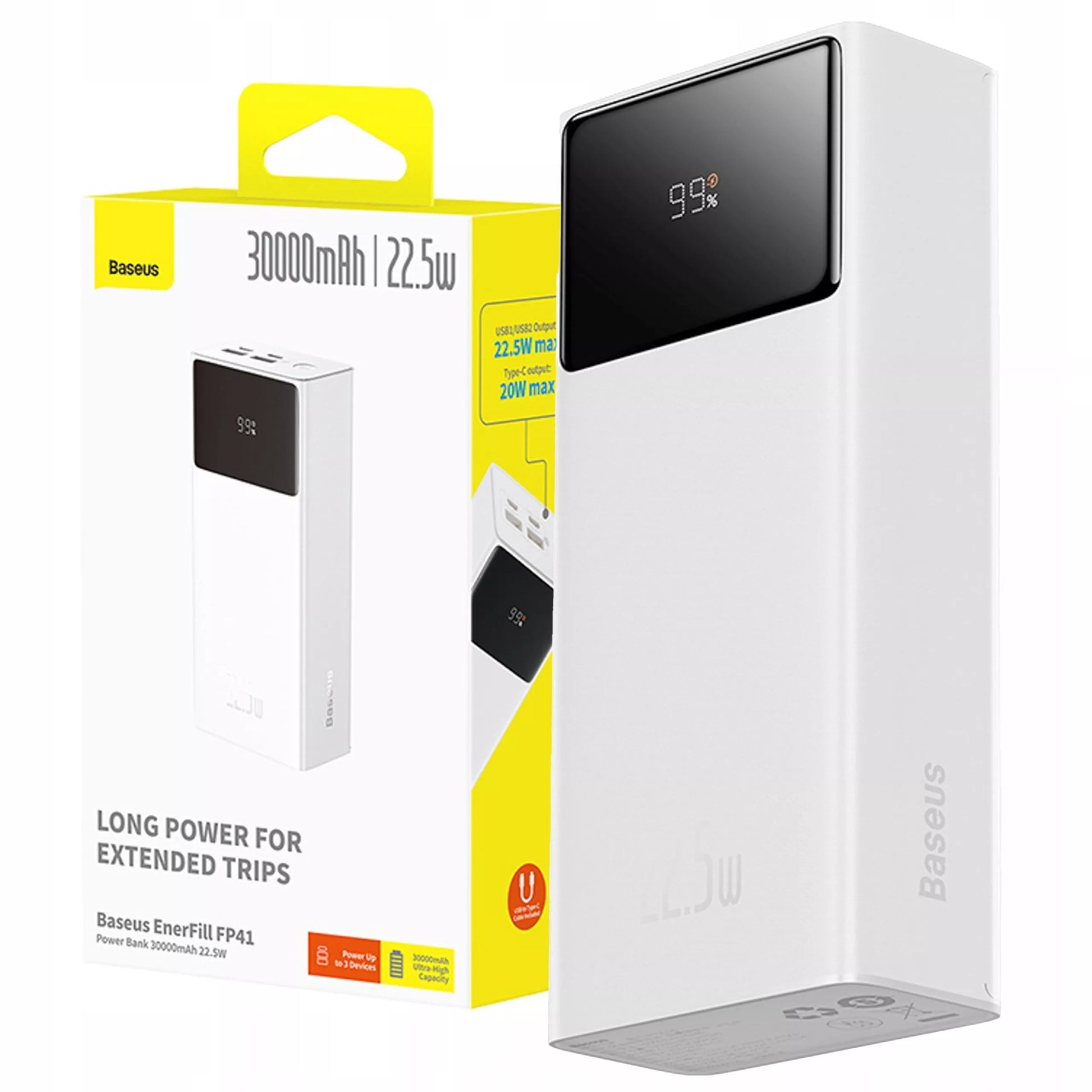 BASEUS EnerFill FP41 30000mAh 22.5W nešiojamas įkroviklis su USB-C laidu - baltas