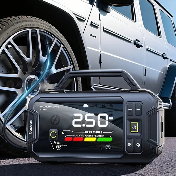 BASEUS išorinė baterija, automobilio užvedimo įrenginys (boosteris), žibintuvėlis 21600mAh, kompresorius + gnybtai
