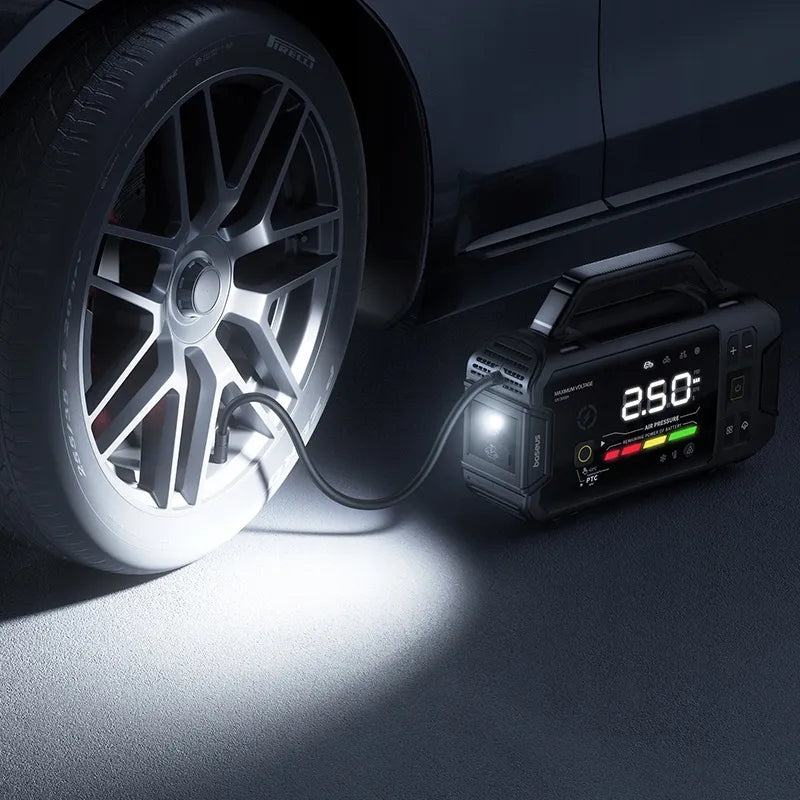 BASEUS išorinė baterija, automobilio užvedimo įrenginys (boosteris), žibintuvėlis 21600mAh, kompresorius + gnybtai