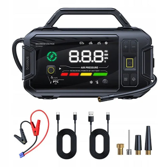 BASEUS išorinė baterija, automobilio užvedimo įrenginys (boosteris), žibintuvėlis 21600mAh, kompresorius + gnybtai
