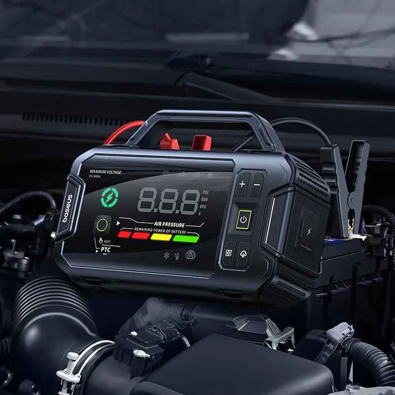 BASEUS išorinė baterija, automobilio užvedimo įrenginys (boosteris), žibintuvėlis 21600mAh, kompresorius + gnybtai
